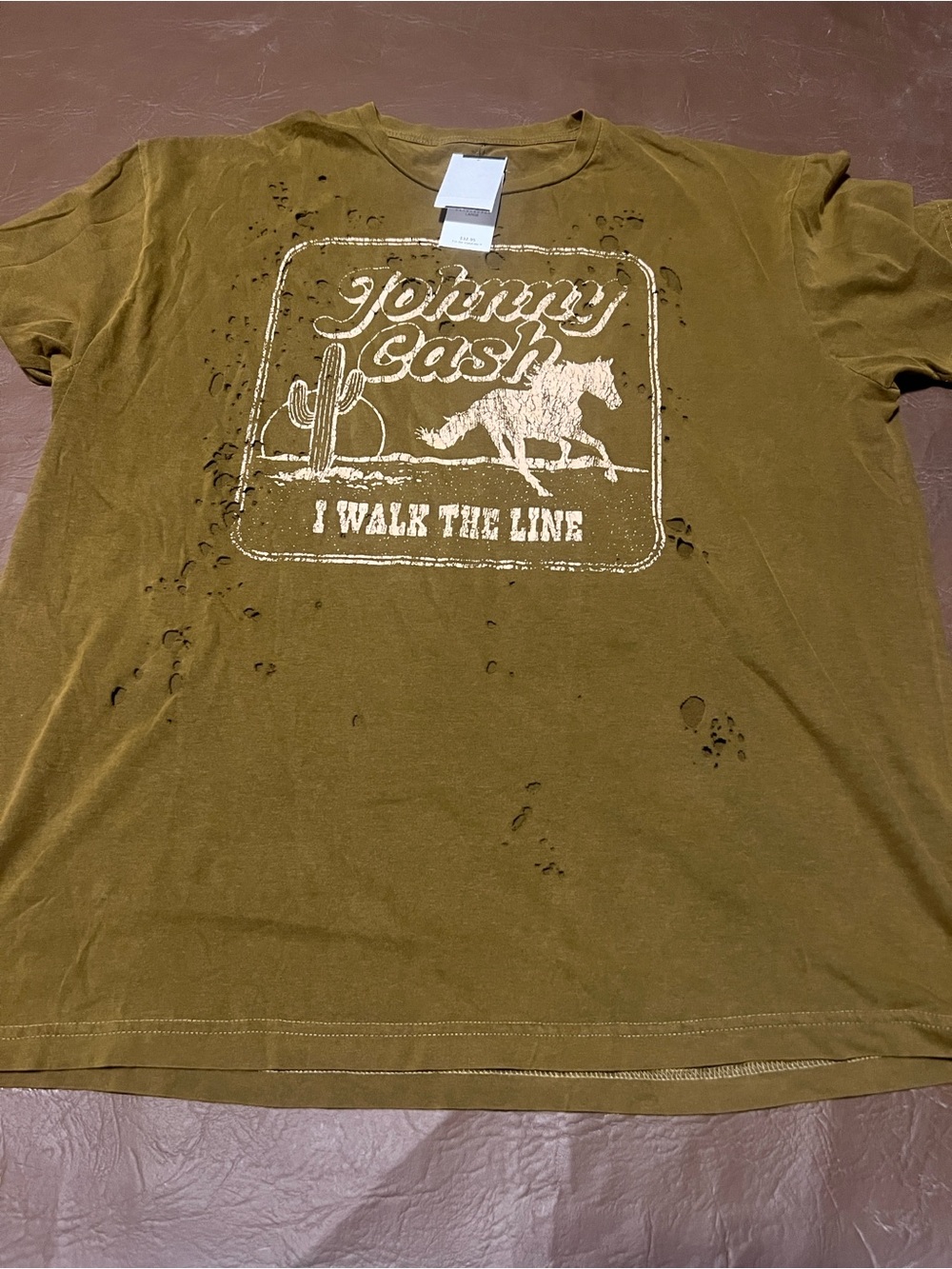 Buckle Brown (green tint but definitely brown) Graphic Tee with Cream Print